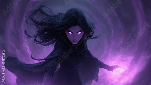 Mysterious sorceress conjuring purple magic in dark setting