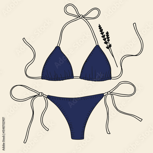 Bikini with Lavender Sprig – Feminine Summer Fashion Illustration
