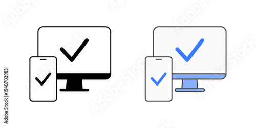 Device compatibility check icon with monitor, mobile device, and check mark, in outline and color styles, ideal for illustrating multi-device support, system compatibility testing, and IT readiness