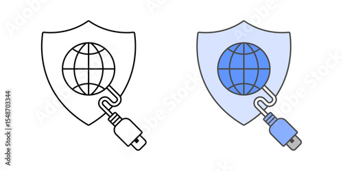 VPN configuration icon with shield, cable, and globe, in outline and color styles, ideal for illustrating secure remote access setup, private network configuration, and IT connectivity protection.