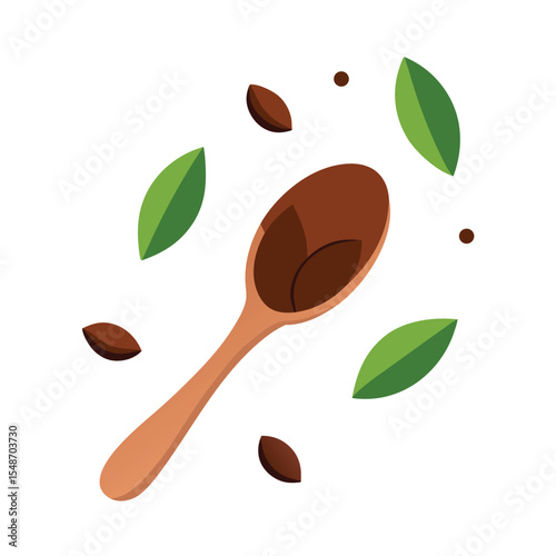 Cocoa Powder and Beans with Spoon  Flat Vector Composition on White Background