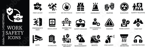 Work safety icon set.Warning sign safety first clip art collection for under construction.Obstacle vector illustration.Icon vector for safety and health at work with safety first.