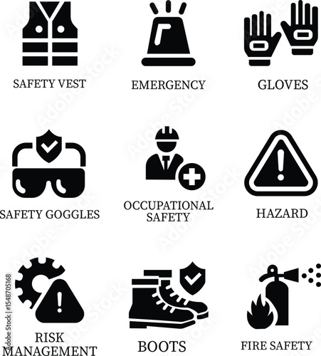Work safety icon set.Warning sign safety first clip art collection for under construction.Obstacle vector illustration.Icon vector for safety and health at work with safety first.