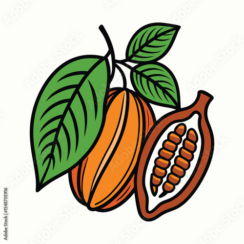 Fresh Cocoa Pods and Leaves Illustration - Chocolate Production Element