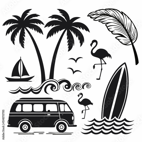      A tropical beach and surf-themed vector set with palm trees, waves, surfboards, a van, flamingos, and ocean elements in a bold black silhouette style. Perfect for t-shirt designs, and branding.  