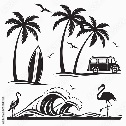      A tropical beach and surf-themed vector set with palm trees, waves, surfboards, a van, flamingos, and ocean elements in a bold black silhouette style. Perfect for t-shirt designs, and branding.  
