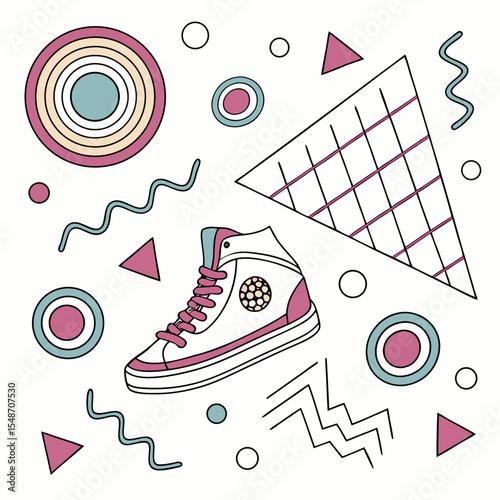       Memphis geometric seamless pattern. Multicolor abstract background in retro 80s, 90s style with various shapes: circles, semicircles, dots, zigzags, spirals, wavy lines.