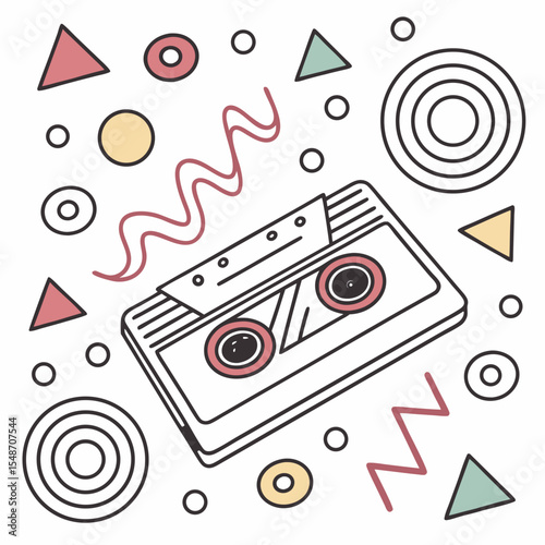      Memphis geometric seamless pattern. Multicolor abstract background in retro 80s, 90s style with various shapes: circles, semicircles, dots, zigzags, spirals, wavy lines.