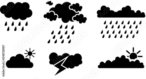 SYMBOL ICON SET RAIN CLOUDS, LIGHTNING, SUN BLACK VECTOR ABSTRACT