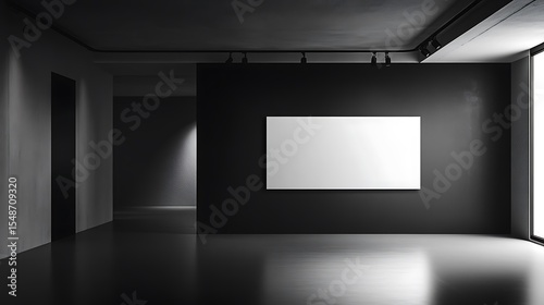 High-end black and white minimalist billboard in gallery with spotlight ambiance