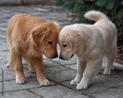 Two golden retrievers meet noses
