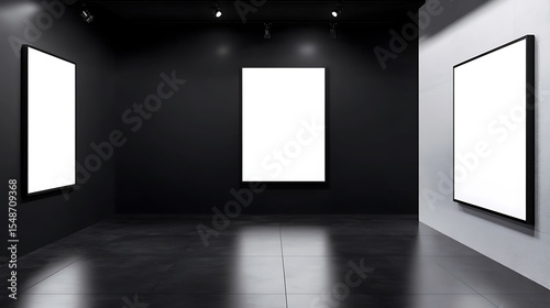High-end black and white minimalist billboard in gallery with spotlight ambiance