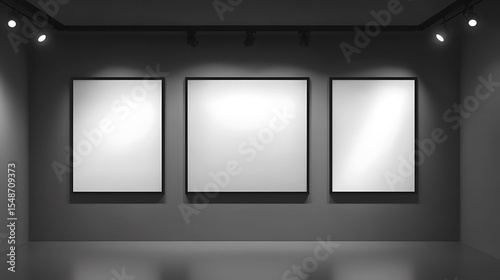 High-end black and white minimalist billboard in gallery with spotlight ambiance