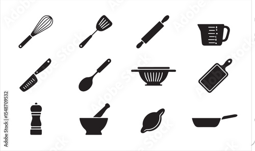 A collection of simple, black silhouette icons representing various kitchen tools and utensils vector art on white