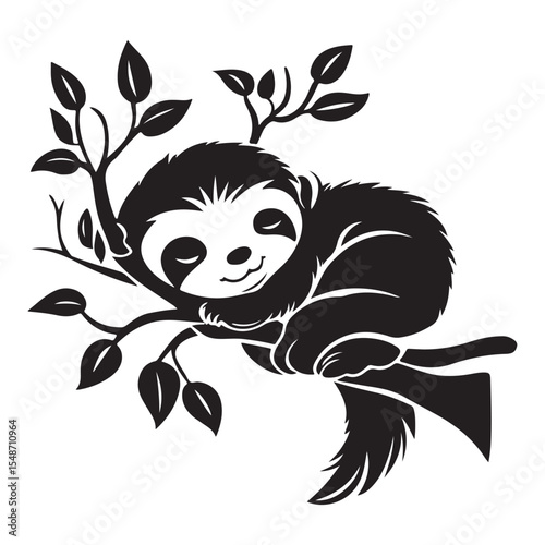 Black and White Sloth Hanging from Tree Branch Minimalist Ink Illustration, A modern icon is represented by a simple silhouette design of a sloth in black, placed on a white background