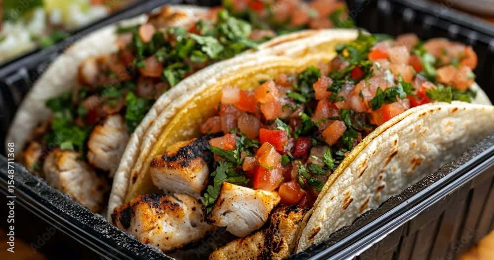 Close-up of two delicious grilled chicken tacos in a black container, topped with fresh pico de gallo and cilantro.