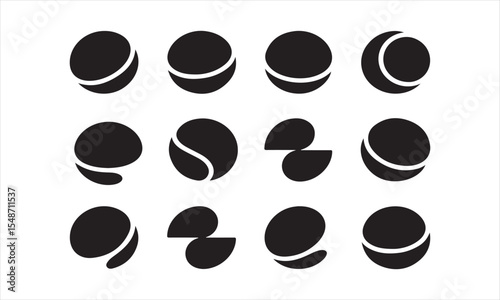 A collection of twelve stylized, black and white sport ball icons vector art on white