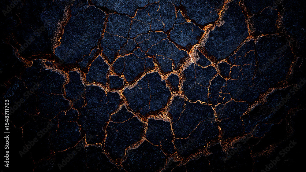 Cracked Rock Formation - A dramatic close-up view of a dark, cracked rock face, with veins of glowing light illuminating the fissures, creating a mesmerizing texture. Cracked Rock Formation - A dramatic close-up view of a dark, cracked rock face, with veins of glowing light illuminating the fissures, creating a mesmerizing texture.