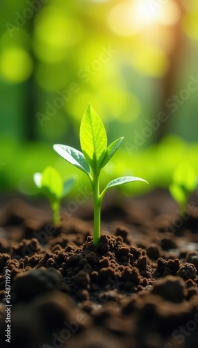 Green shoots emerging from rich brown soil, sunlight , leaves, green, brown photo