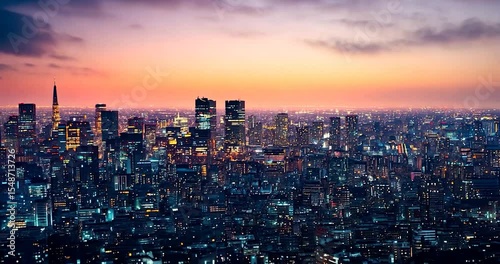 Night cityscape panorama with vibrant city lights and sunset sky.