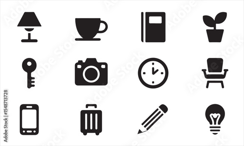 a collection of simple, black icons depicting various everyday objects, including a lamp, coffee cup, notebook, plant, key, camera, clock, chair, phone, suitcase, pencil, and lightbulb vector art on