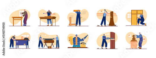Woodwork illustrations set. Woodworking carpentry handcraft concept. Vector set of carpenter make furniture illustration.