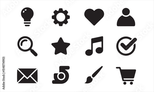 Art & IllustrationA collection of essential user interface (UI) icons, including a lightbulb, gear, heart, person, magnifying glass, star, music note, check mark, envelope, settings, paintbrush vector