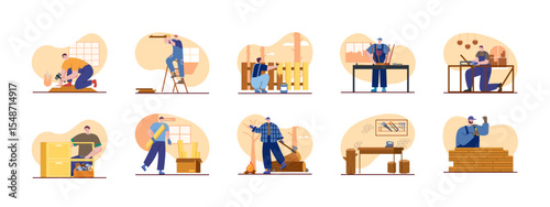 Woodwork illustrations set. Woodworking carpentry handcraft concept. Vector set of carpenter make furniture illustration.