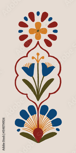 Folk-Inspired Symmetrical Floral Pattern in Vibrant Colors