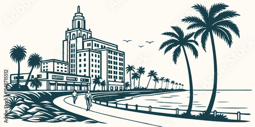 Hollywood skyline silhouette featuring the Broadwalk, high-rise beachfront hotels, and palm trees.