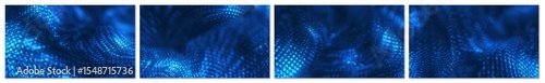 Technology Network Background set of 4 with abstract blue particles forming a flowing mesh or wave pattern against a dark background, creating a futuristic and digital feel. 3D render.