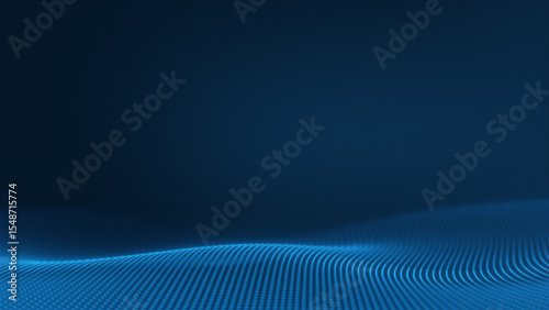 Abstract technology background with a dynamic wave of luminous blue particles forming a digital network mesh against a deep blue backdrop, representing data flow, connectivity, or digital space.