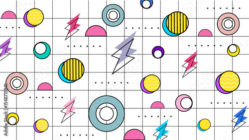 Colorful 80sstyle geometric pattern suitable for retro themed projects, backgrounds, textiles, stationery, and packaging design. Perfect for vibrant and funky designs.
