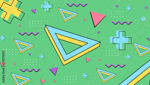 Vibrant 90sstyle geometric pattern suitable for backgrounds, packaging design, textiles, and stationery. Perfect for retro themed projects and products.