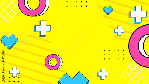 Pink background with colorful geometric shapes, suitable for modern design projects, social media posts, website backgrounds, and graphic presentations.