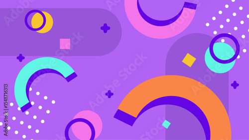 Colorful abstract geometric shapes on a purple background. Suitable for backgrounds, branding, posters, digital designs, and vibrant creatives.