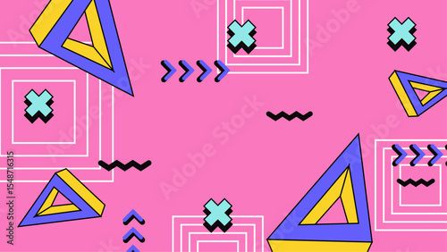 Pink 90s geometric design featuring triangles and squares. Perfect for nostalgic designs, retro themes, and vibrant print marketing materials.