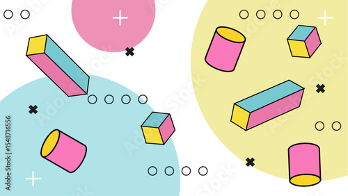 Colorful geometric shapes float on white background. Suitable for modern design projects, abstract backgrounds, digital art, and geometric concepts.