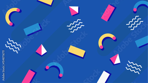 Vibrant 80sstyle geometric abstract design suitable for web backgrounds, packaging, posters, and textile prints with bold colors and shapes.