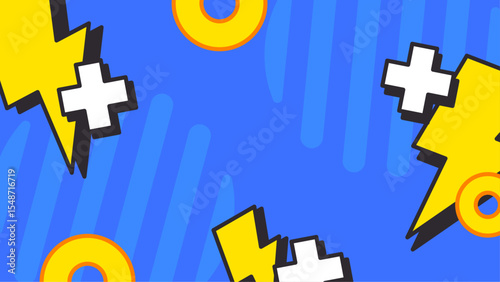 Abstract design features lightning bolts, circles, and crosses. A striking asset suitable for backgrounds, posters, or digital art projects.