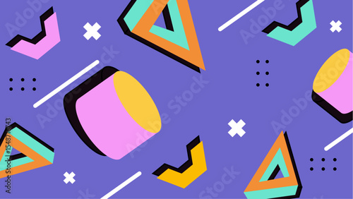 Purple background with colorful geometric shapes. Suitable for graphic design, web banners, social media posts, and abstract art projects.