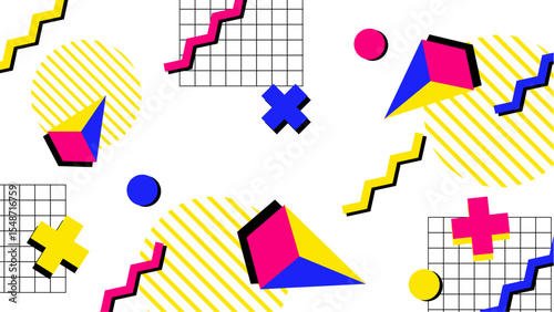 Vibrant 80sstyle geometric pattern suitable for backgrounds, textiles, apparel design, and vibrant wallpaper to create a retro aesthetic.