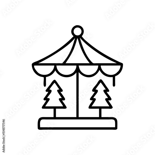 Christmas market carousel, line drawing, festive black and white icon
