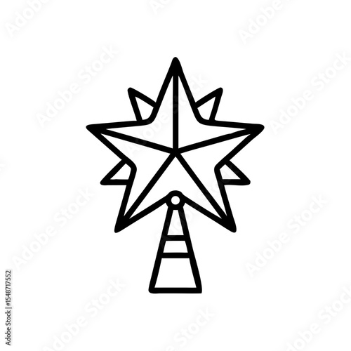 Christmas star icon on treetop, black line style, festive symbol