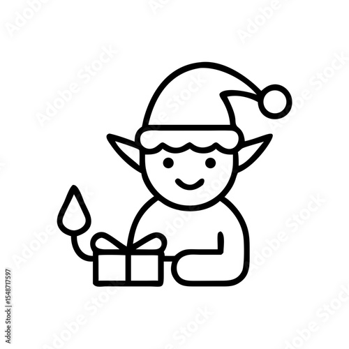 Elves making toys, outline style, black and white festive icon