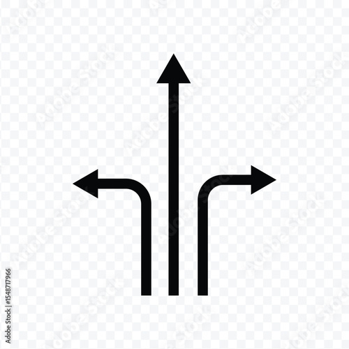 Three-way direction arrow icon. arrow icon ,three way direction arrow sign, road direction vector. Three Way Fork black Arrow . EPS 10 . 