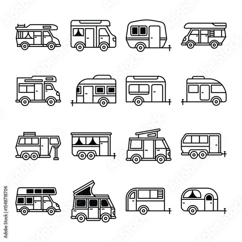 Camping Trailer Icons, RV Motorhome and Caravan Line Art, Outdoor Vehicle Vector Set