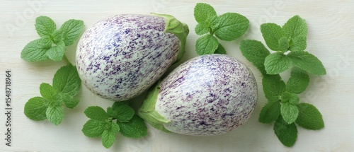 Two mottled eggplants surrounded by fresh mint leaves on a light surface