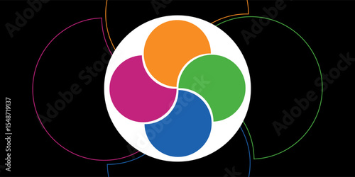 Colorful overlapping circles of infographic pie chart divided into 4 parts. Diagram, chart with 4 steps, options, parts, processes with colorful petals. Vector Illustration.