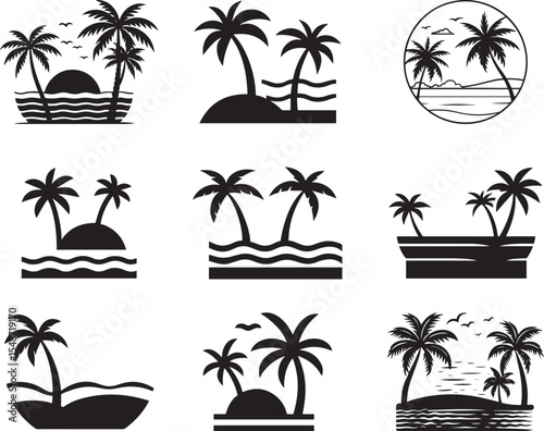 Black Palm Tree Silhouette on Island with Birds and Water.